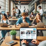 Freelancers browsing SimplyHired for high-paying job opportunities in a vibrant co-working space, showcasing teamwork and career growth potential.