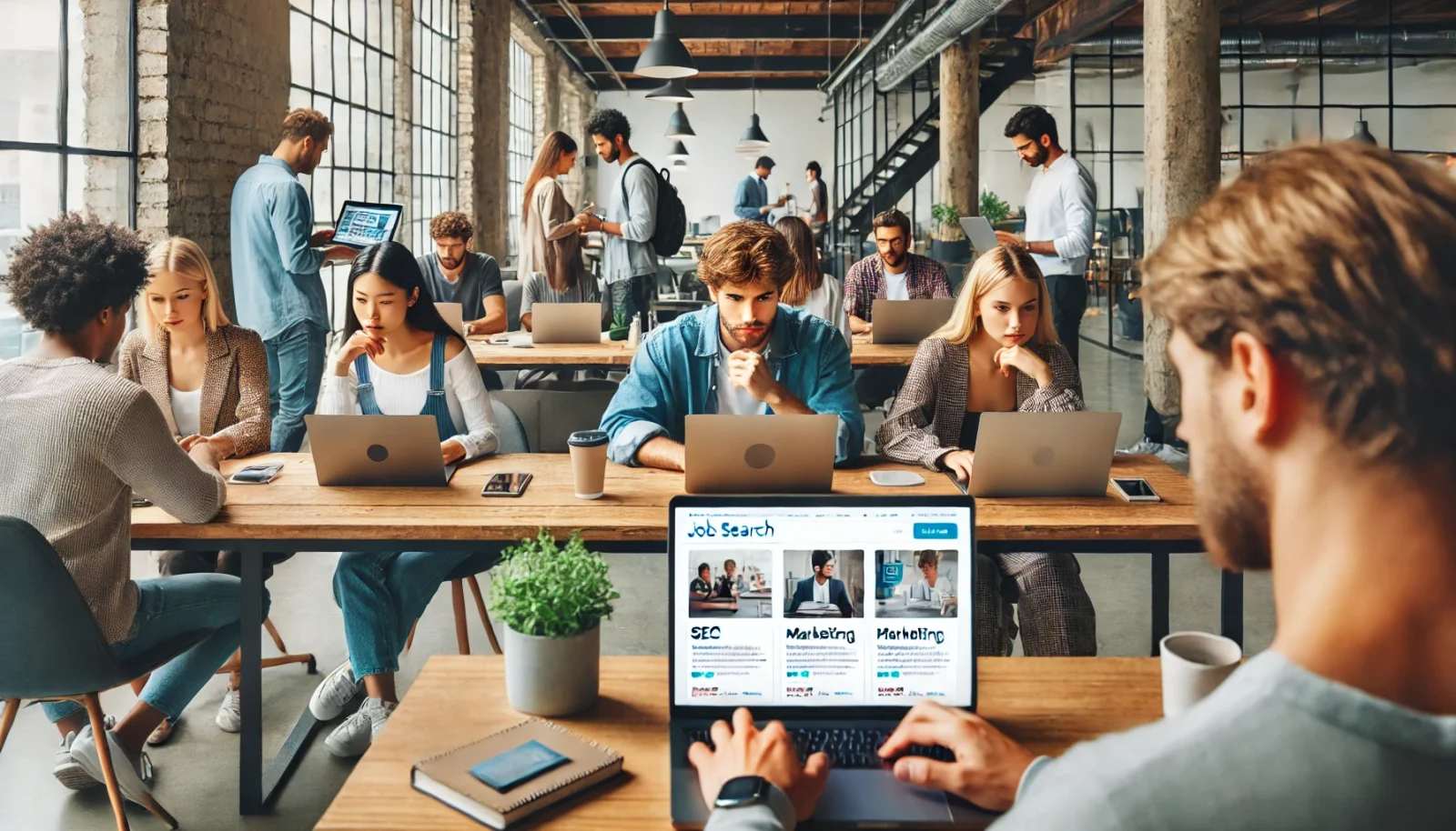 Freelancers browsing SimplyHired for high-paying job opportunities in a vibrant co-working space, showcasing teamwork and career growth potential.