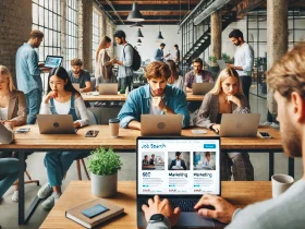 Freelancers browsing SimplyHired for high-paying job opportunities in a vibrant co-working space, showcasing teamwork and career growth potential.