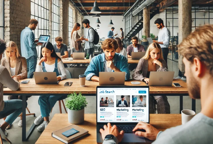 Freelancers browsing SimplyHired for high-paying job opportunities in a vibrant co-working space, showcasing teamwork and career growth potential.