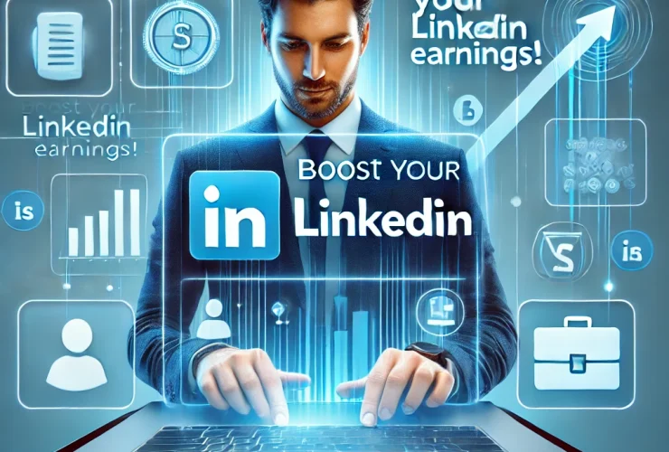 Thumbnail image of a professional using LinkedIn on a laptop, with bold text overlay reading 'Boost Your LinkedIn Earnings!' and icons suggesting networking and career growth.