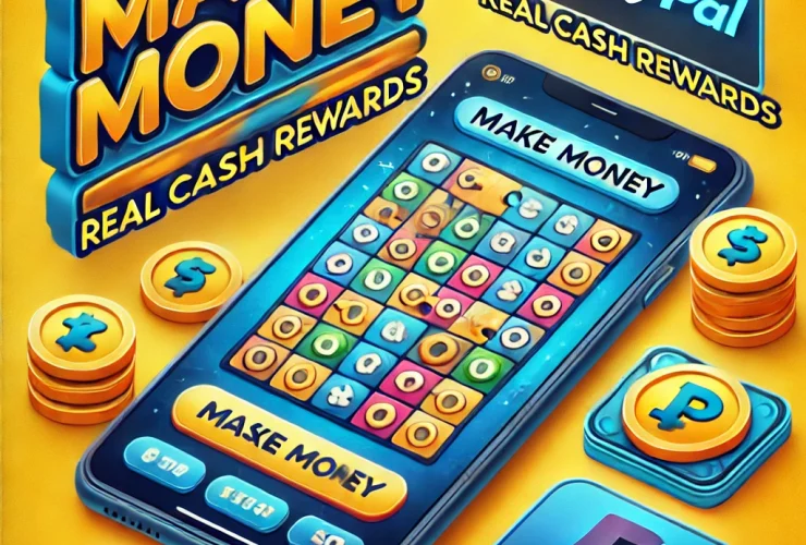 App making money playing puzzle games with daily rewards and treasure boxes" – for an image showing a user playing a puzzle game on the app.