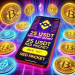 Smartphone displaying Binance app with a red packet claim feature and 25 USDT giveaway offer.