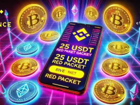 Smartphone displaying Binance app with a red packet claim feature and 25 USDT giveaway offer.