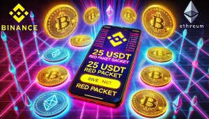 Smartphone displaying Binance app with a red packet claim feature and 25 USDT giveaway offer.