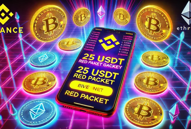 Smartphone displaying Binance app with a red packet claim feature and 25 USDT giveaway offer.