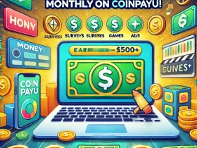 how to earn $50–$500+ per month with Coinpayu, featuring a smartphone and laptop surrounded by icons for games, surveys, and money, on a background with dollar bills and cryptocurrency symbols.