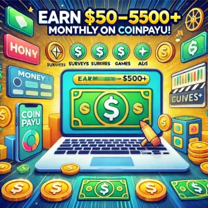 how to earn $50–$500+ per month with Coinpayu, featuring a smartphone and laptop surrounded by icons for games, surveys, and money, on a background with dollar bills and cryptocurrency symbols.