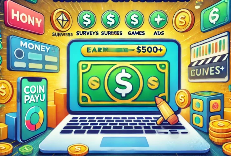 how to earn $50–$500+ per month with Coinpayu, featuring a smartphone and laptop surrounded by icons for games, surveys, and money, on a background with dollar bills and cryptocurrency symbols.