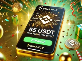 Successful Binance red packet claim showing 55 USDT received on the Binance app, with celebratory graphics and Binance logo.