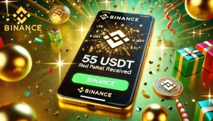 Successful Binance red packet claim showing 55 USDT received on the Binance app, with celebratory graphics and Binance logo.