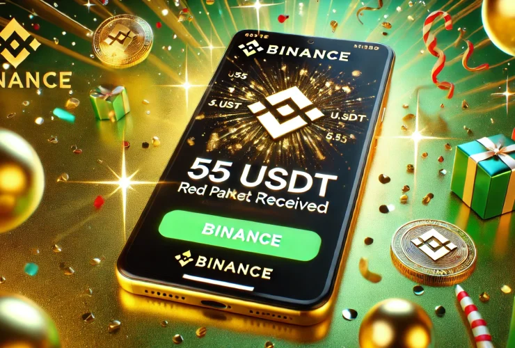 Successful Binance red packet claim showing 55 USDT received on the Binance app, with celebratory graphics and Binance logo.