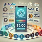 Payment proof showing a successful $5 withdrawal from Givvy Streaming to PayPal, with logos of Payeer, Coinbase, Amazon Gift Cards, and GCash displayed alongside a smartphone screen featuring the Givvy Streaming app.