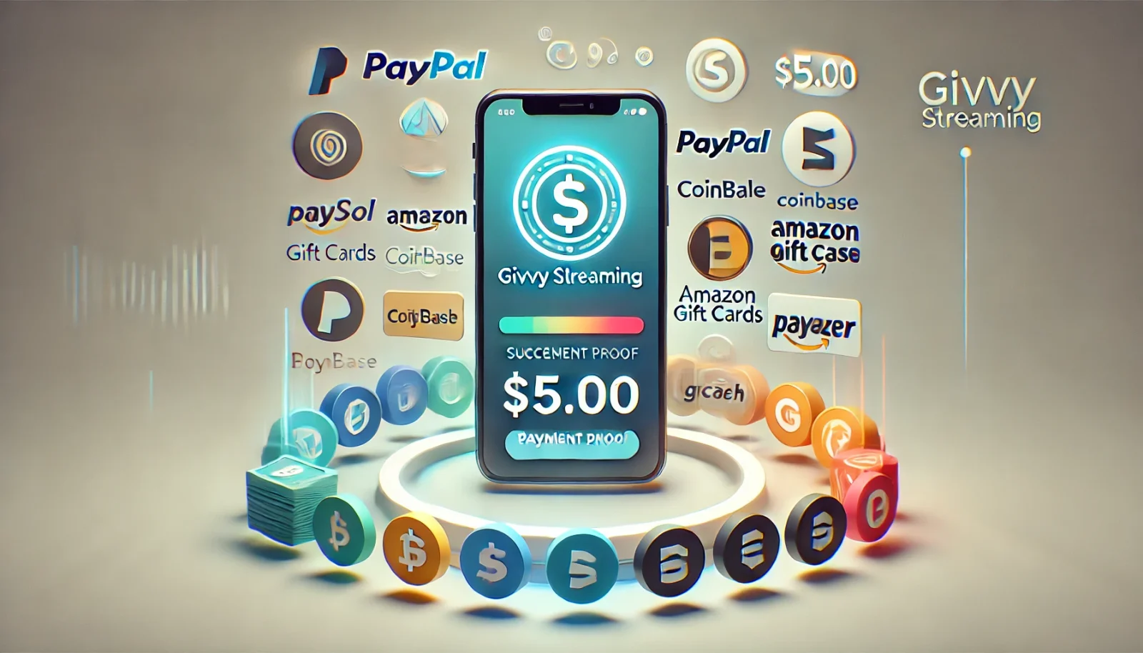 Payment proof showing a successful $5 withdrawal from Givvy Streaming to PayPal, with logos of Payeer, Coinbase, Amazon Gift Cards, and GCash displayed alongside a smartphone screen featuring the Givvy Streaming app.