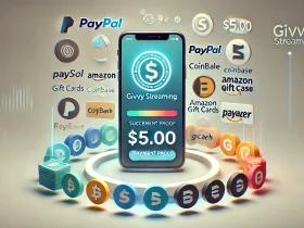 Payment proof showing a successful $5 withdrawal from Givvy Streaming to PayPal, with logos of Payeer, Coinbase, Amazon Gift Cards, and GCash displayed alongside a smartphone screen featuring the Givvy Streaming app.