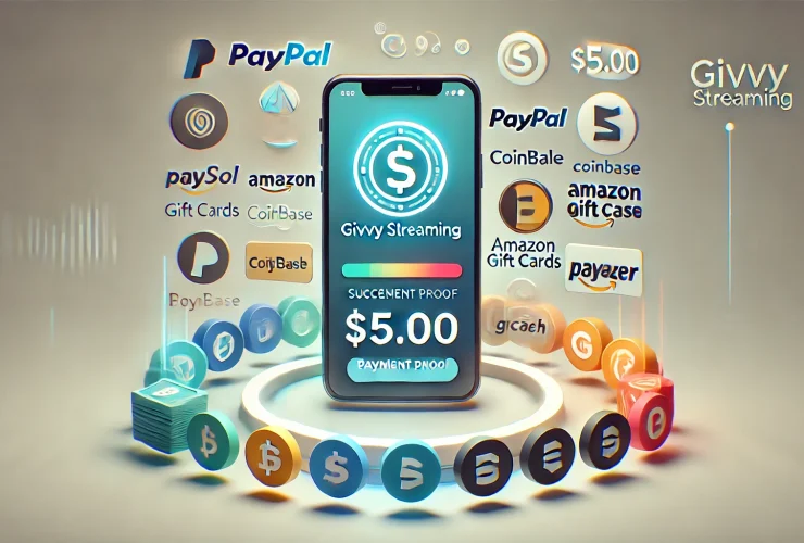 Payment proof showing a successful $5 withdrawal from Givvy Streaming to PayPal, with logos of Payeer, Coinbase, Amazon Gift Cards, and GCash displayed alongside a smartphone screen featuring the Givvy Streaming app.