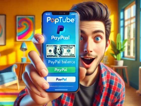 Screenshot of PopTube app showing user earnings ready for PayPal withdrawal.