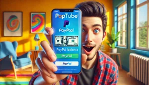 Screenshot of PopTube app showing user earnings ready for PayPal withdrawal.