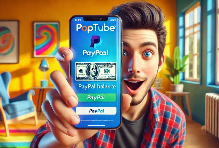 Screenshot of PopTube app showing user earnings ready for PayPal withdrawal.