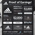 Adidas Affiliate Program payment proof showing a $2,000 payout via PayPal and bank transfer, with text highlighting easy monthly payouts and earning potential.