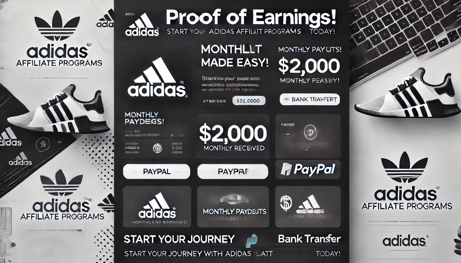 Adidas Affiliate Program payment proof showing a $2,000 payout via PayPal and bank transfer, with text highlighting easy monthly payouts and earning potential.