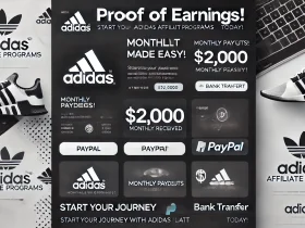 Adidas Affiliate Program payment proof showing a $2,000 payout via PayPal and bank transfer, with text highlighting easy monthly payouts and earning potential.