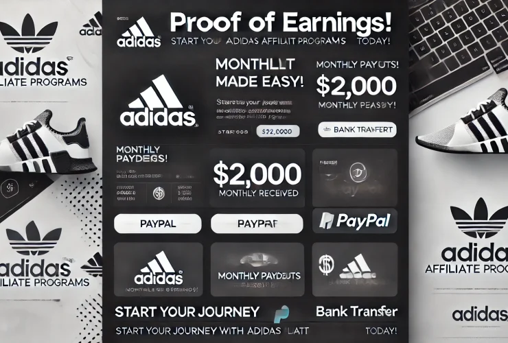 Adidas Affiliate Program payment proof showing a $2,000 payout via PayPal and bank transfer, with text highlighting easy monthly payouts and earning potential.