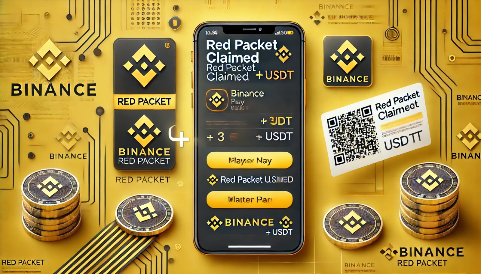 Payment proof of a successful Binance Red Packet claim, showing a 'Red Packet Claimed' notification on the Binance Pay app interface with a wallet balance update and a QR code for easy sharing.