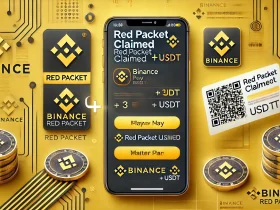 Payment proof of a successful Binance Red Packet claim, showing a 'Red Packet Claimed' notification on the Binance Pay app interface with a wallet balance update and a QR code for easy sharing.