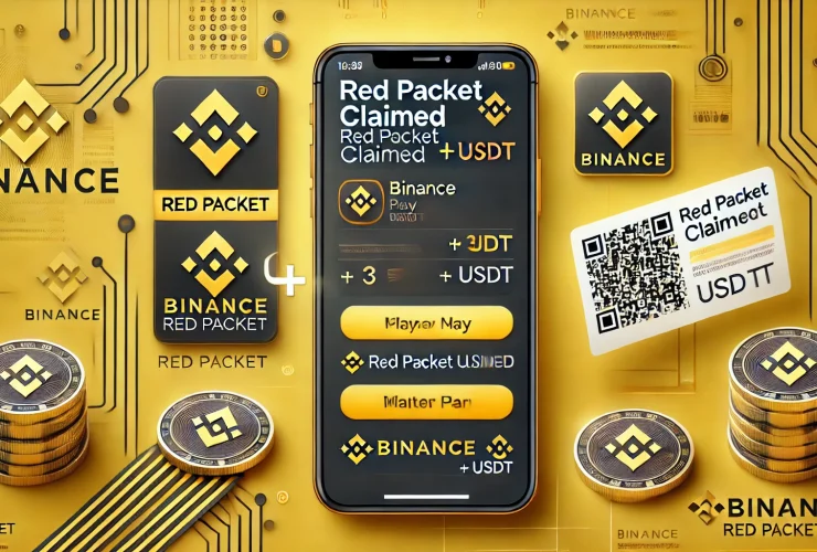 Payment proof of a successful Binance Red Packet claim, showing a 'Red Packet Claimed' notification on the Binance Pay app interface with a wallet balance update and a QR code for easy sharing.