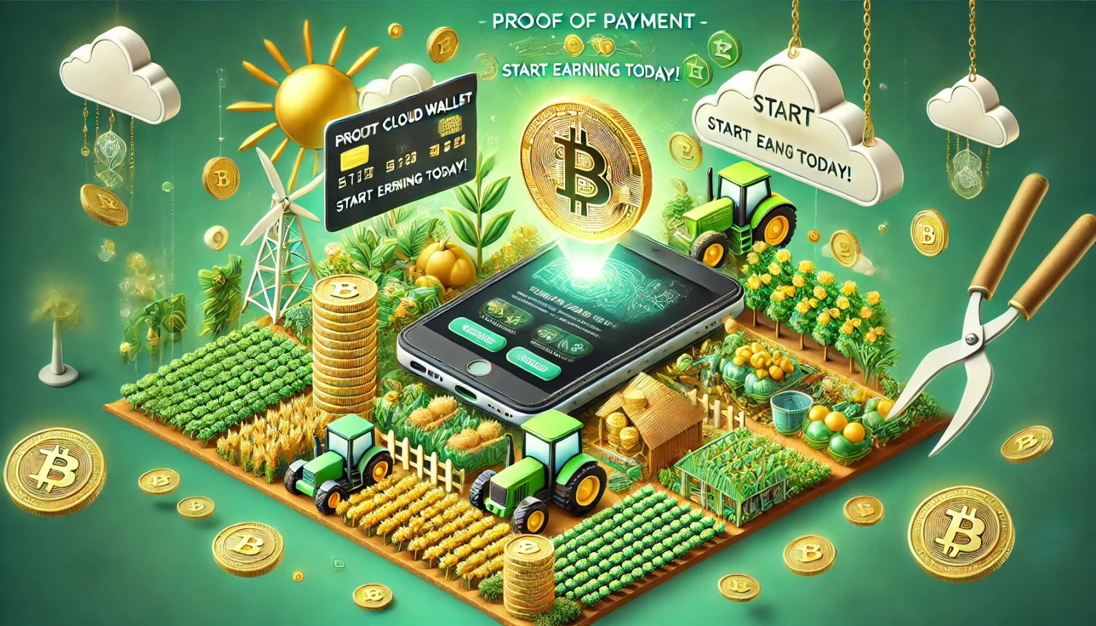 A screenshot of a payment notification from Farmers World earnings, showing proof of income via WAX Cloud Wallet, with farming-themed icons like crops and coins.