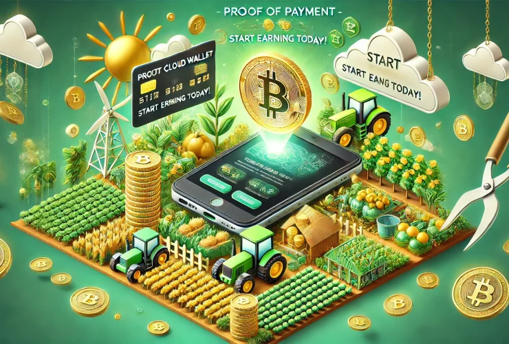 A screenshot of a payment notification from Farmers World earnings, showing proof of income via WAX Cloud Wallet, with farming-themed icons like crops and coins.