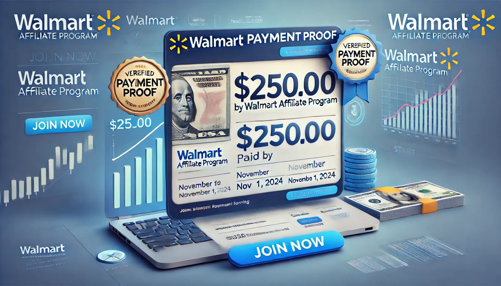 Verified payment proof showing $250 payout from Walmart Affiliate Program through PayPal on November 1, 2024, encouraging readers to join and start earning commissions by promoting Walmart products.