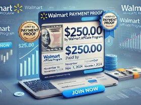 Verified payment proof showing $250 payout from Walmart Affiliate Program through PayPal on November 1, 2024, encouraging readers to join and start earning commissions by promoting Walmart products.