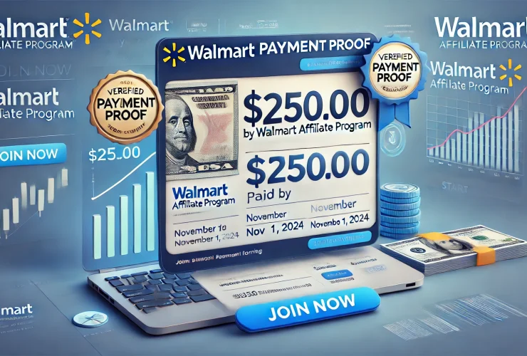 Verified payment proof showing $250 payout from Walmart Affiliate Program through PayPal on November 1, 2024, encouraging readers to join and start earning commissions by promoting Walmart products.