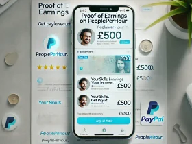 Payment proof showing a PeoplePerHour freelancer receiving £500 via PayPal, with a secure transaction and freelancer dashboard in the background.