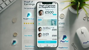 Payment proof showing a PeoplePerHour freelancer receiving £500 via PayPal, with a secure transaction and freelancer dashboard in the background.