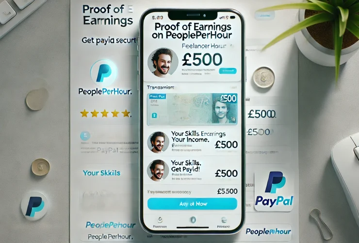 Payment proof showing a PeoplePerHour freelancer receiving £500 via PayPal, with a secure transaction and freelancer dashboard in the background.