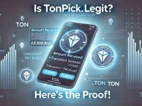 A payment proof screenshot showing a verified TON cryptocurrency wallet transaction, with details of a successful payout from Tonpick.game, enticing users to explore whether the platform is legitimate or not.