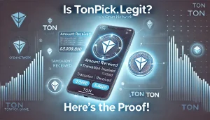 A payment proof screenshot showing a verified TON cryptocurrency wallet transaction, with details of a successful payout from Tonpick.game, enticing users to explore whether the platform is legitimate or not.