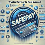 Screenshot of Guru.com payment proof showing a successful withdrawal via SafePay system, with PayPal and bank transfer options.