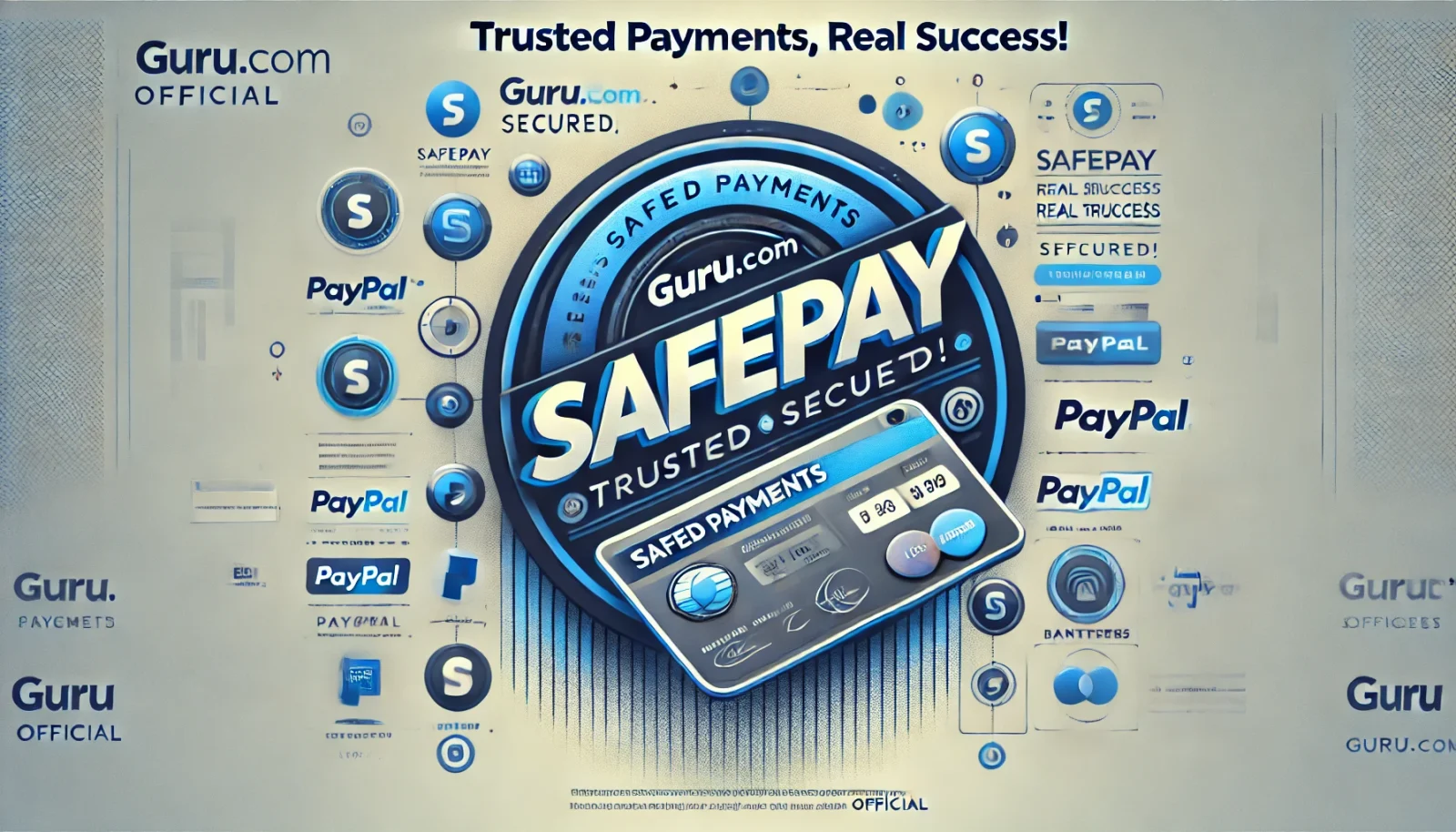 Screenshot of Guru.com payment proof showing a successful withdrawal via SafePay system, with PayPal and bank transfer options.