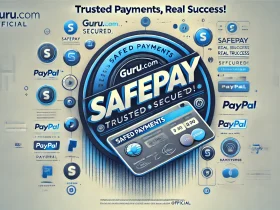 Screenshot of Guru.com payment proof showing a successful withdrawal via SafePay system, with PayPal and bank transfer options.