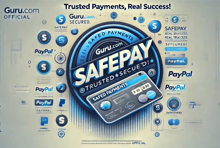 Screenshot of Guru.com payment proof showing a successful withdrawal via SafePay system, with PayPal and bank transfer options.