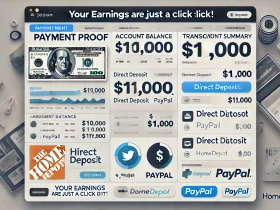 Payment proof screenshot showing $1,000 monthly earnings from the Home Depot affiliate program, featuring payout methods like PayPal and direct deposit, demonstrating reliable income opportunities.