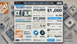 Payment proof screenshot showing $1,000 monthly earnings from the Home Depot affiliate program, featuring payout methods like PayPal and direct deposit, demonstrating reliable income opportunities.