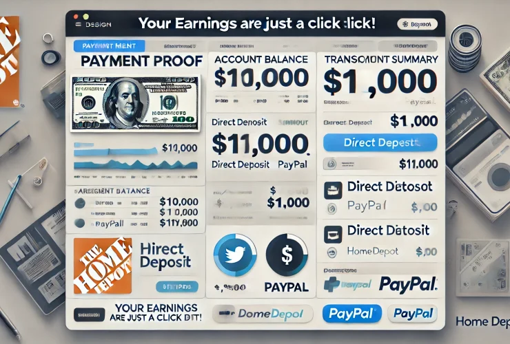 Payment proof screenshot showing $1,000 monthly earnings from the Home Depot affiliate program, featuring payout methods like PayPal and direct deposit, demonstrating reliable income opportunities.