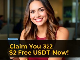 Beautiful woman smiling while holding a smartphone displaying the Binance app, showcasing how to claim 32 free USDT using red packet codes.