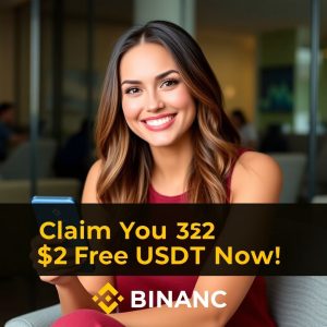 Beautiful woman smiling while holding a smartphone displaying the Binance app, showcasing how to claim 32 free USDT using red packet codes.