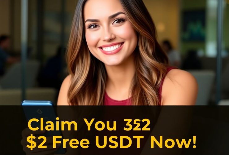 Beautiful woman smiling while holding a smartphone displaying the Binance app, showcasing how to claim 32 free USDT using red packet codes.